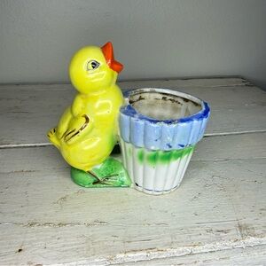 Vintage Japan Hand-Painted Ceramic Glaze Baby Chick Bird Planter Dish, Kitschy